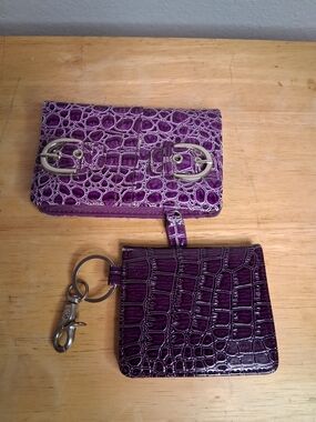 Purple Faux Gator Wallet Set 2 Piece Card Holder Zip Wristlet Clip Bag Charm Y2K